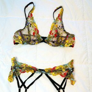 Victoria Secret Floral Embroidered Garter and Bra